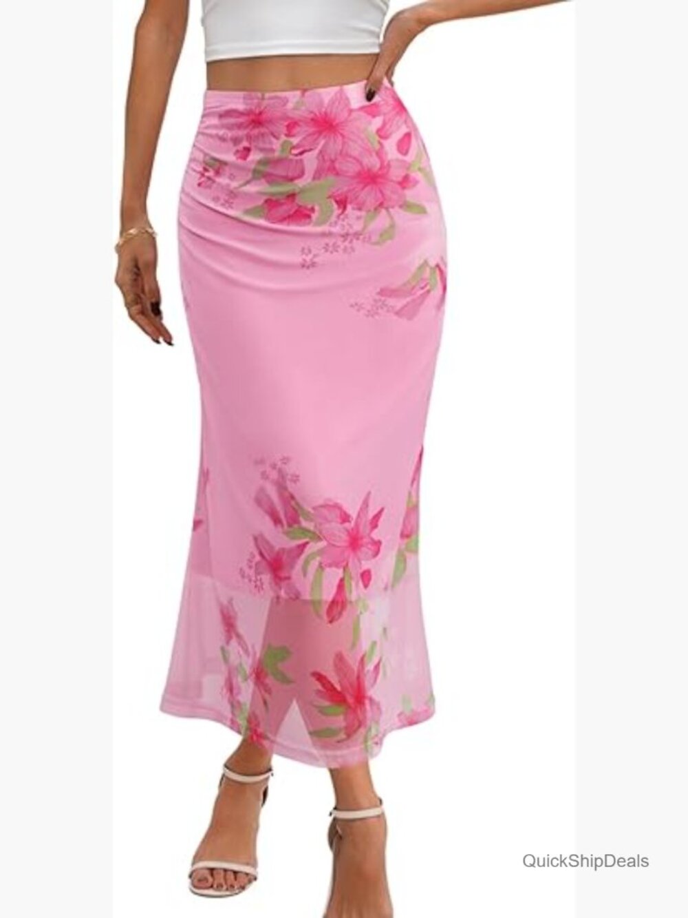 Women's Floral Mesh Midi Skirt High Waist Ruched Bodycon Pencil Skirt
